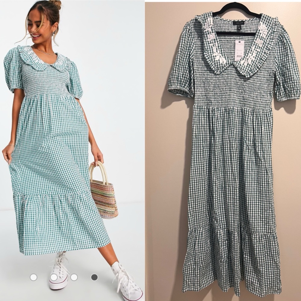 NWT Embroidered Green Gingham Midi Dress